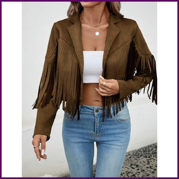 Faux Suede Cropped Jacket with Fringe Tassels, Lined, Western Style - Picture 4 of 8